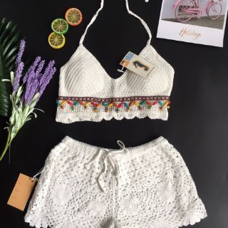 Set len móc đi biển áo quần len( 2 màu trắng và kem)