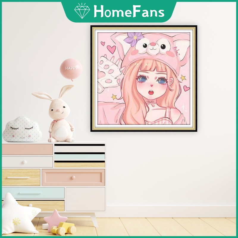 Bộ Tranh Đính Đá 5D Tự Làm 30x30cm / 40x40cm / 50x50cm Hình Cô Gái Hoạt Hình Trang Trí Nhà Cửa