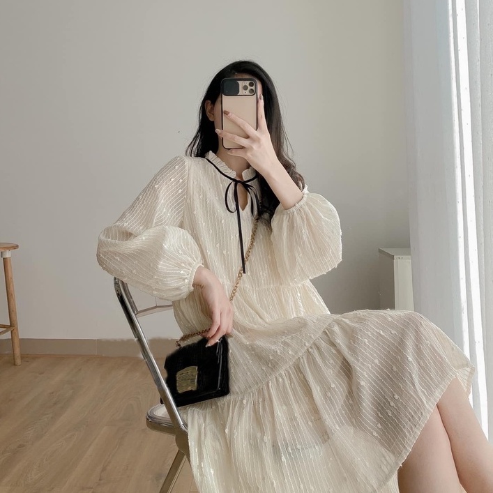 Đầm - Váy babydoll voan tơ chấm bi nổi kim tuyến thắt nơ đen