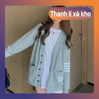 ÁO CADIGAN XÁM ĐEN SỌC NGANG CHO NỮ - ÁO KHOÁC LEN NỈ TAY DÀI CỔ CHỮ V KẺ VIỀN TRẮNG [deal]