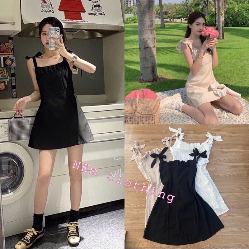 Váy Hai Dây Đũi Bản To Nơ Vai Nhúm Ngực - NEm.Clothing Nữ [FREESHIP] - Đầm nữ suông trơn dáng ngắn kiểu dáng vintage