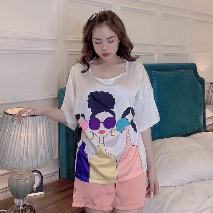 Đồ ngủ Vic's tay ngắn quần cộc lụa Latin kiểu pijama - Bộ đồ mặc nhà hoạt tiết sang trọng L211