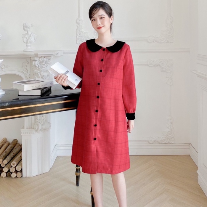 MEDYLA - Đầm bầu dự tiệc thu đông cổ nhung phối kẻ đỏ cho bầu đi chơi du lịch - VS880