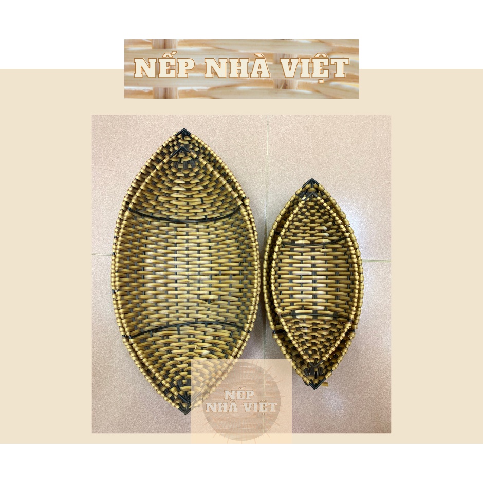 Khay /Dĩa Dáng Thuyền Nan Bằng Dây Nhựa Kiểu Mây Tre Lá Đan Size Nhỏ Trung Lớn