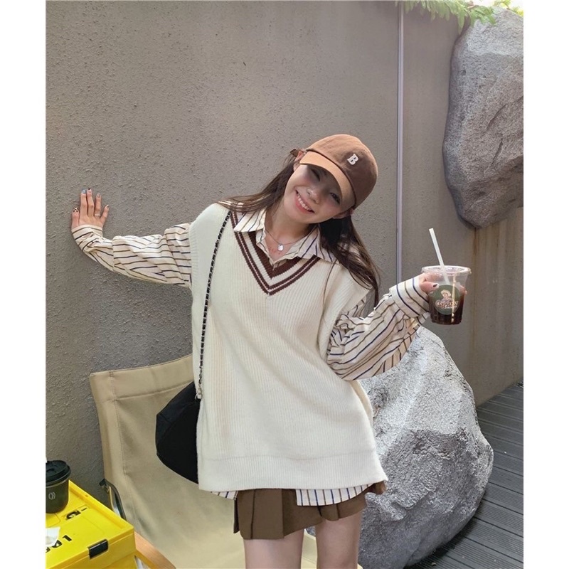 SET ÁO GILE XẺ TÀ + SƠMI KẺ SỌC PHONG CÁCH HÀN  gile màu trắng viền nâu