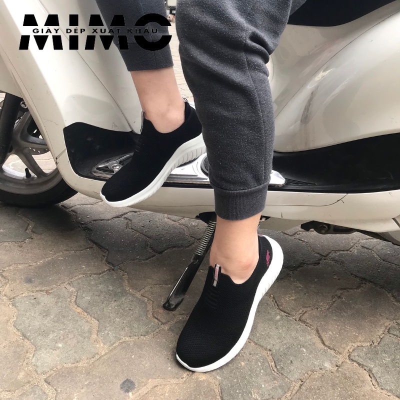 Skechers 4 vạch màu đen, giày lười vải đi bộ, tập thể dục siêu êm mềm nhẹ, bền đẹp, chống trơn trượt cho nữ