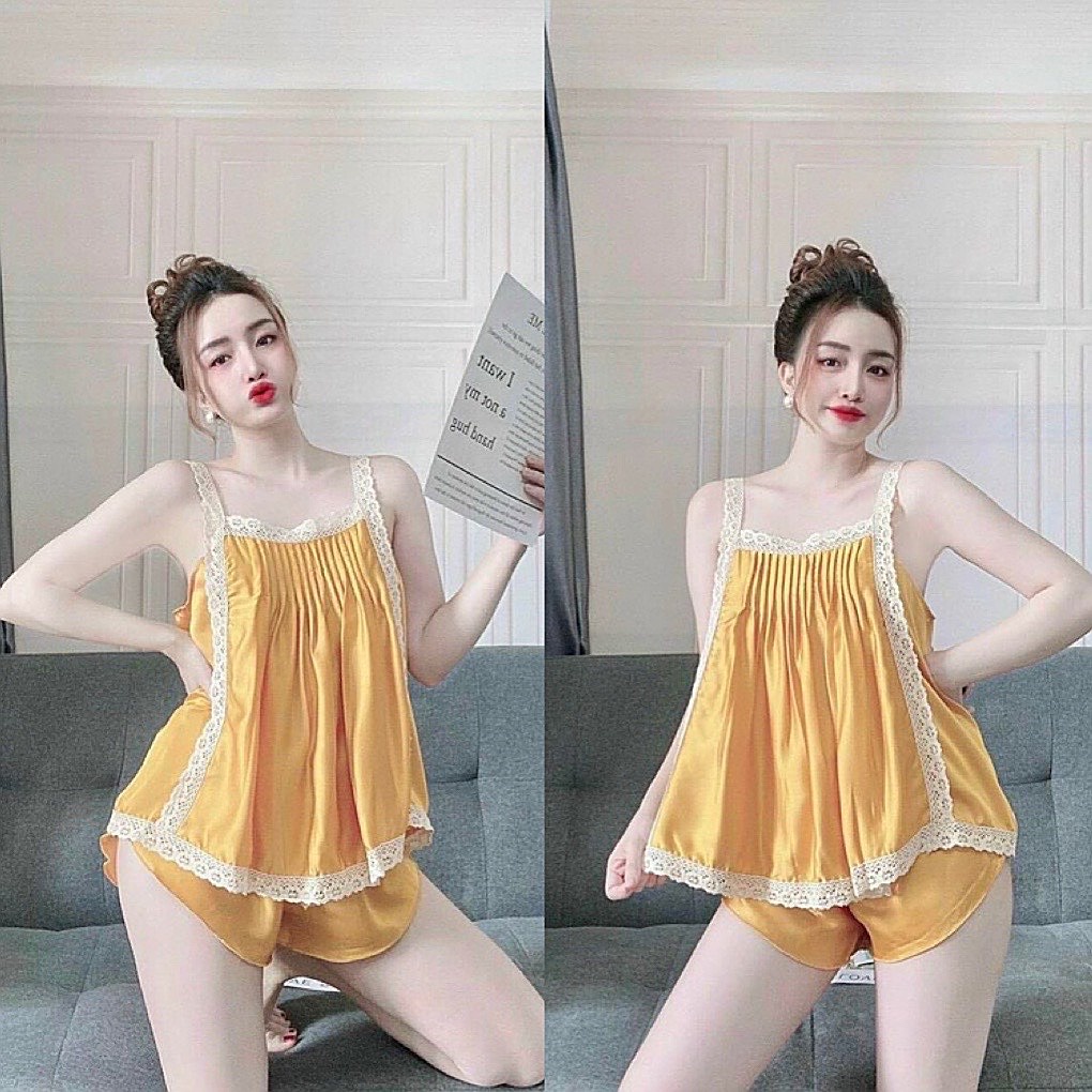 Đồ bộ đùi ngủ sexy dập ly viền ren satin cao cấp