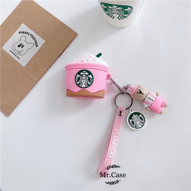 Case AirPods 1/2 Pro Starbuck Kèm Móc Khoá Gấu Hồng