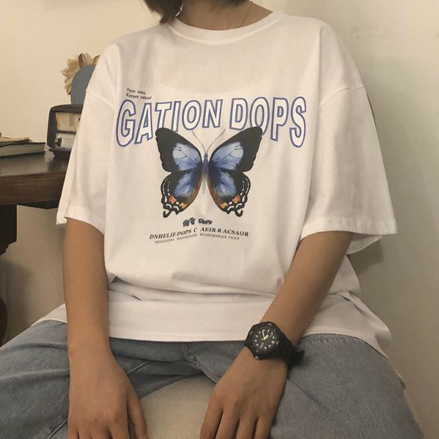 Áo thun tay lỡ % Hình thật phía sau Unisex bướm GATION DOPS