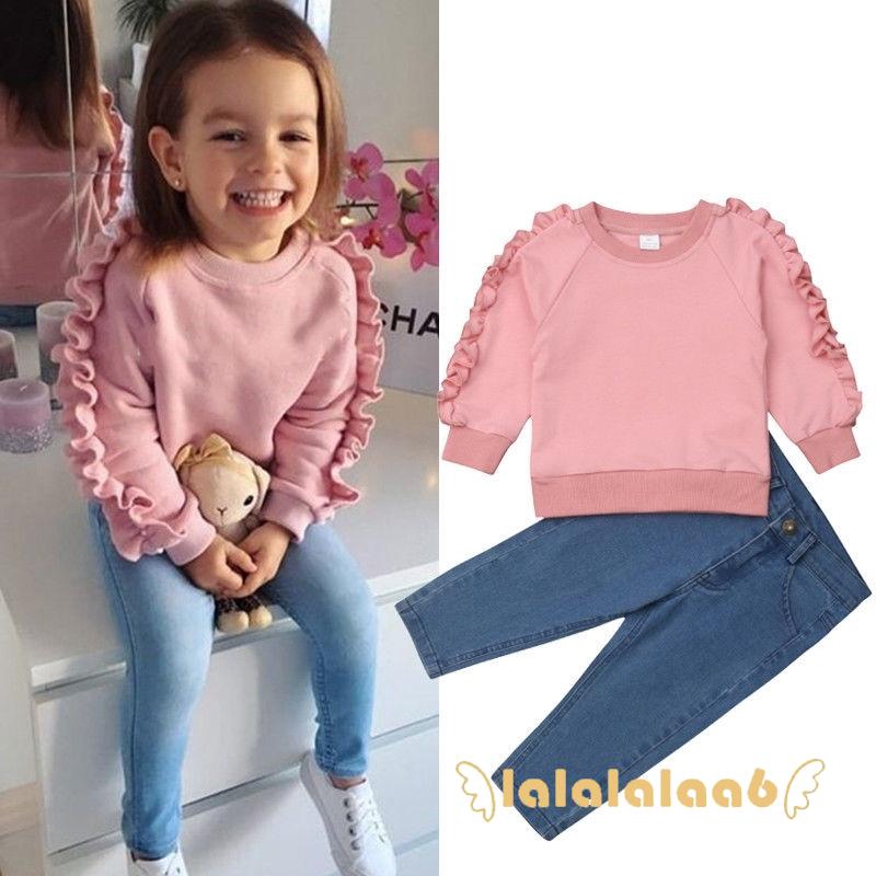 Set áo tay dài viền bèo + quần dài denim đáng yêu cho bé gái
