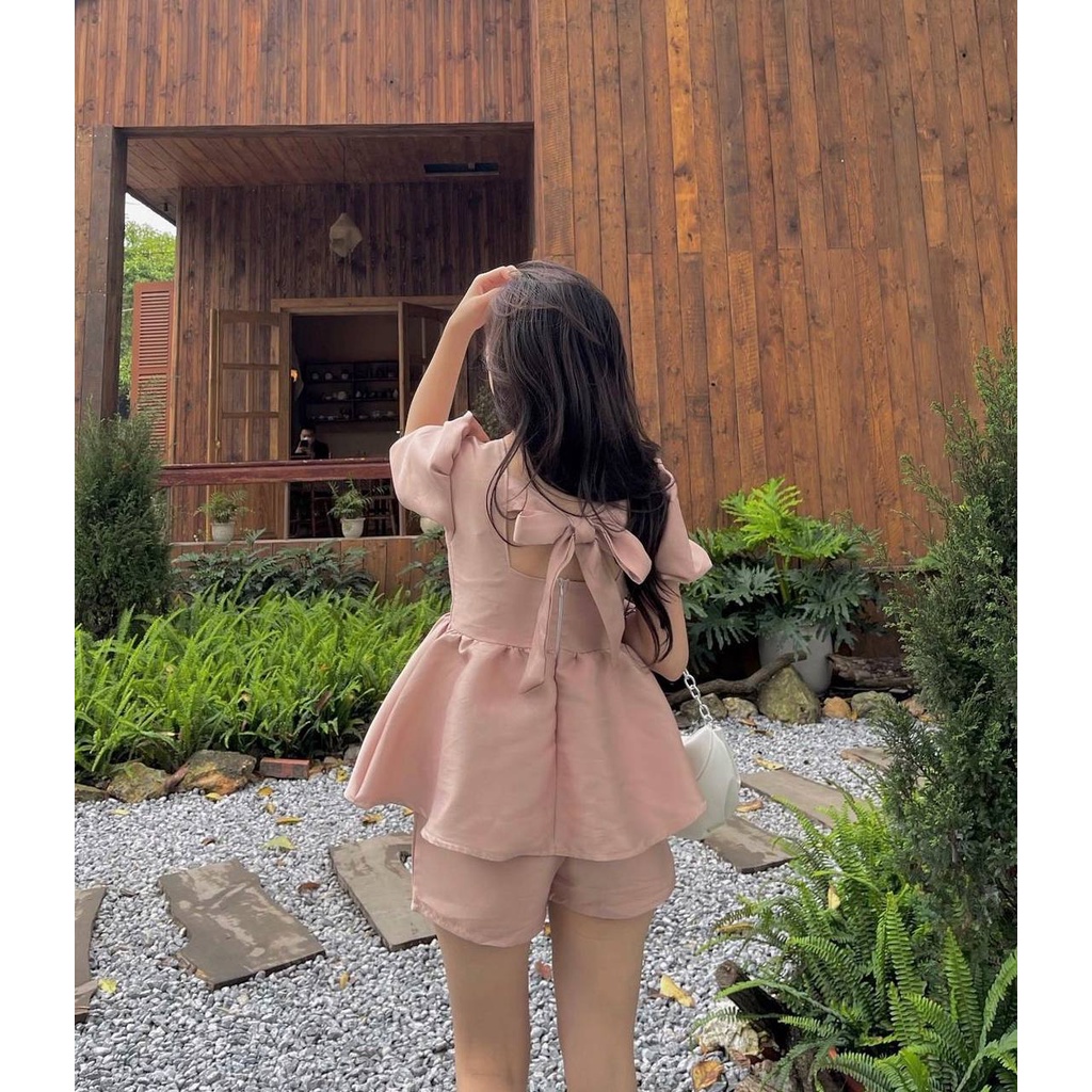 Set Tafta Áo Baby Doll Nơ Lưng và Quần Ống Rộng (HỒNG BABY)
