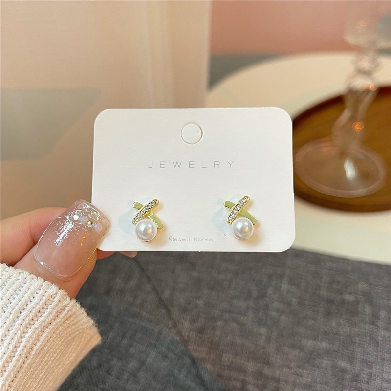 Bông tai, Khuyên tai nữ ngọc trai nhân tạo hình chữ X phụ kiện trang sức dễ thương