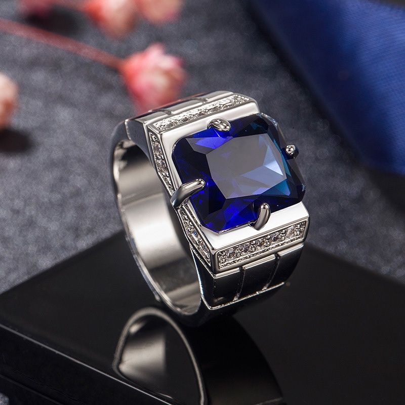 Nhẫn Cưới Thép Titan Mạ Bạc 925 Đính Đá Zircon Xanh Đỏ Thời Trang Cho Nam