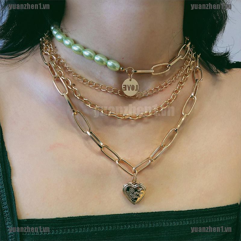 【YUANZHEN1】Pearl Hip Hop Love Heart Photo Locket Pendant Necklace Punk Layered