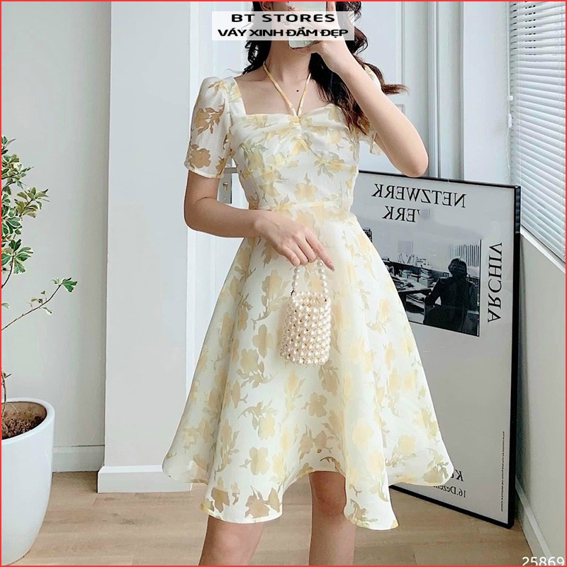 Đầm hoa cổ yếm chất vải voan tơ (ảnh thật) Holi - BT135