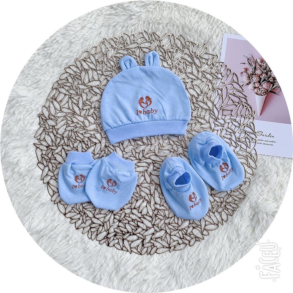 Set mũ bao tay chân i love baby hàng đẹp cho bé 0 - 3 tháng
