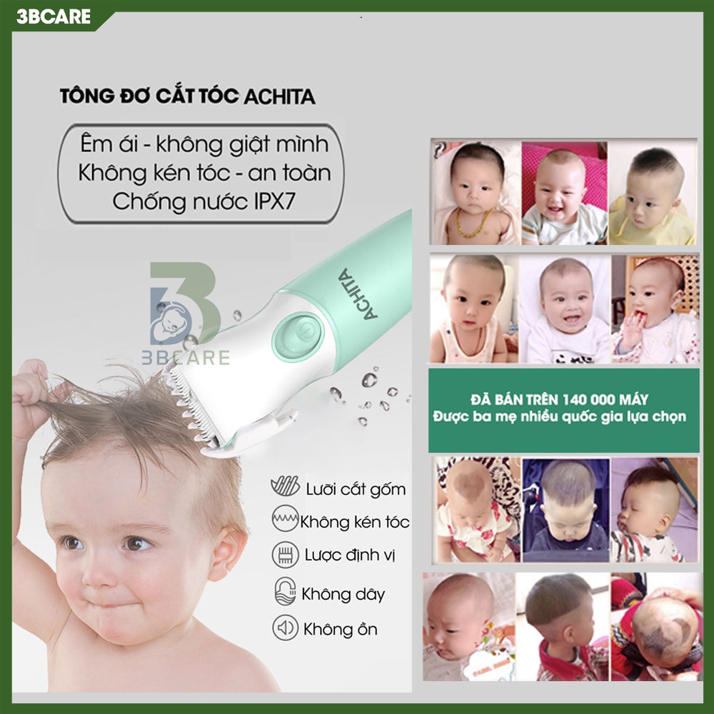 Tông đơ cắt tóc cho bé ACHITA lưỡi cắt gốm không gỉ, chống giật tóc, chống ồn