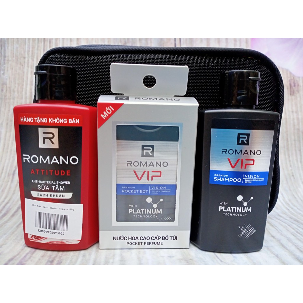 Sét Quà Tặng Dành cho Nam. 1 Dầu Gội Romano Vip 60gram, 1 Nước Hoa Romano 18ml Vip, 1 Sữa tắm Romano 60gram- Tặng Túi Đự