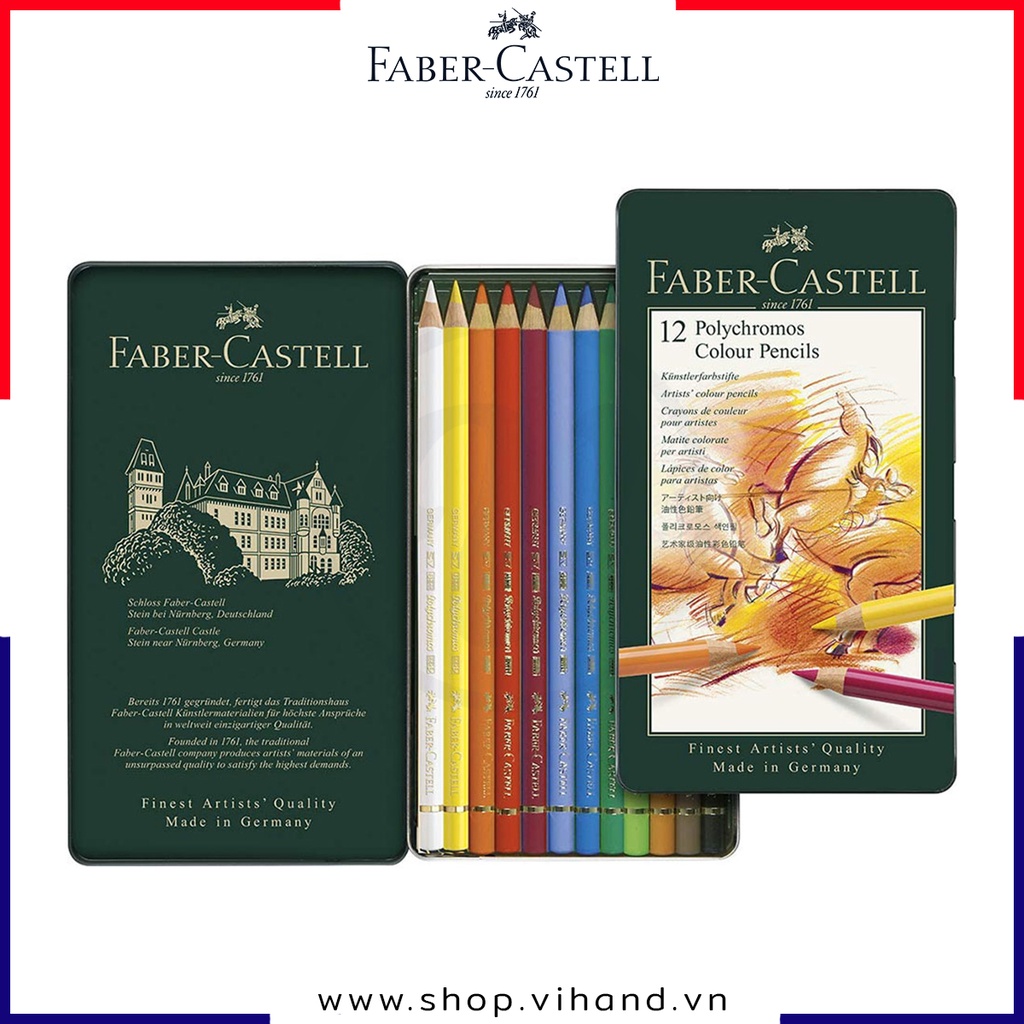 Bộ bút chì màu hạng họa sĩ cao cấp Faber-Castell Polychromos - 12 Màu (Hộp thiếc)