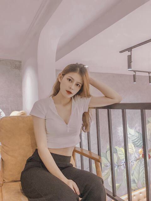 Áo croptop khoá kéo tay ngắn dáng ôm, áo thun croptop