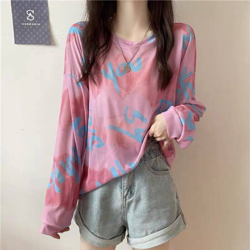 Áo thun IELGY tay dài dáng rộng phối lưới phong cách Pháp thời trang mùa hè cho nữ