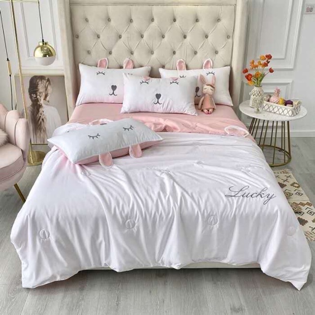 Bộ Chăn Ga Gối Cotton Lụa Tai Thỏ Chất Đẹp