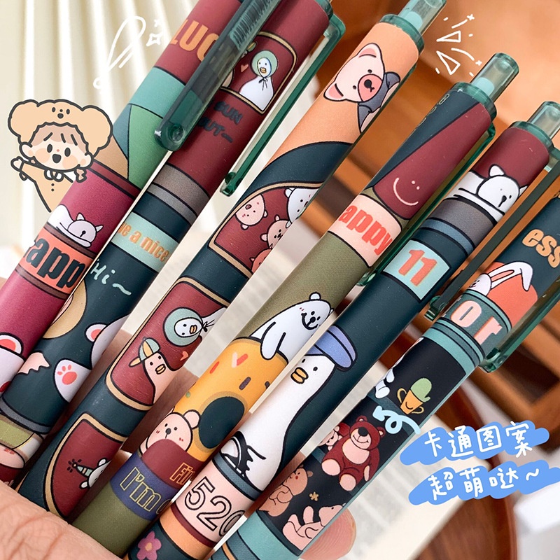 Enjoymore Bút Bi Cute Hoạt Hình Retro Mực Xanh / Đen Siêu Chất Ngòi Bấm Mực GelDễ Thương Học Sinh Màu Viết Bi Nước Muji