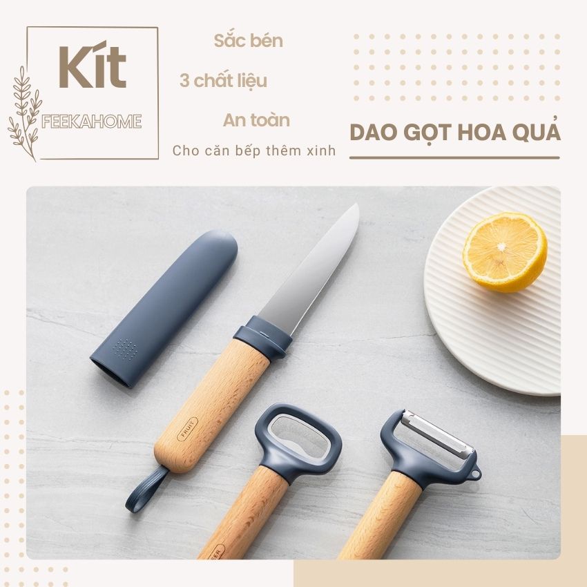 Dao gọt hoa quả FEEKA có nắp đậy đi du lịch, dao gọt trái cây cán gỗ siêu đẹp 27cm