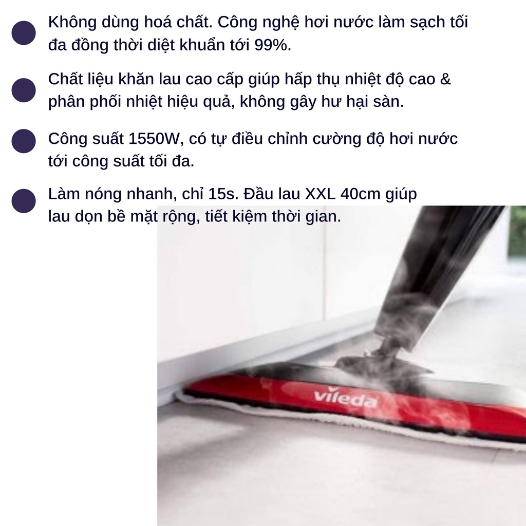 Cây lau nhà hơi nước VILEDA chữ nhật - Kèm 2 khăn [Hàng Đức Chính hãng]