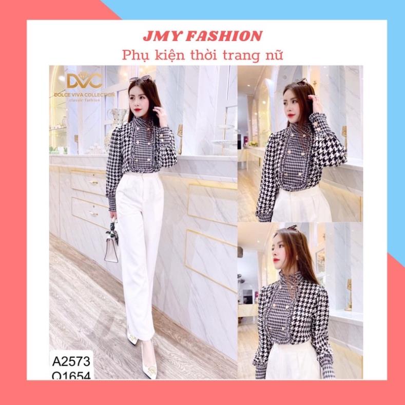 A2573, Q1654 áo sơ mi đen trắng cổ lọ, quần suông trắng công sở - Dolce viva colection (DVC&ACC) *