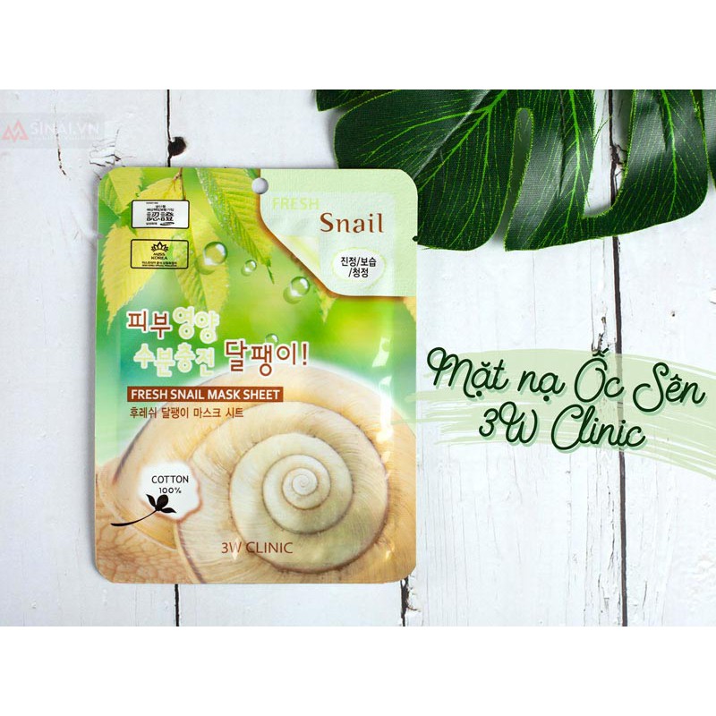 Bịch 10 Túi Mặt nạ giấy dưỡng trắng da chiết xuất dịch nhầy ốc sên - 3W Clinic Fresh Snail Mask Sheet - Hàn Quốc 23mlx10