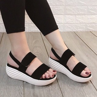 (Bảo hành 12 tháng) Giày sandal đế xuồng nữ 2 quai ngang đế bánh mì 5cm - Giày nữ Da Nhung 2 màu Đen , Kem - Linus LN140