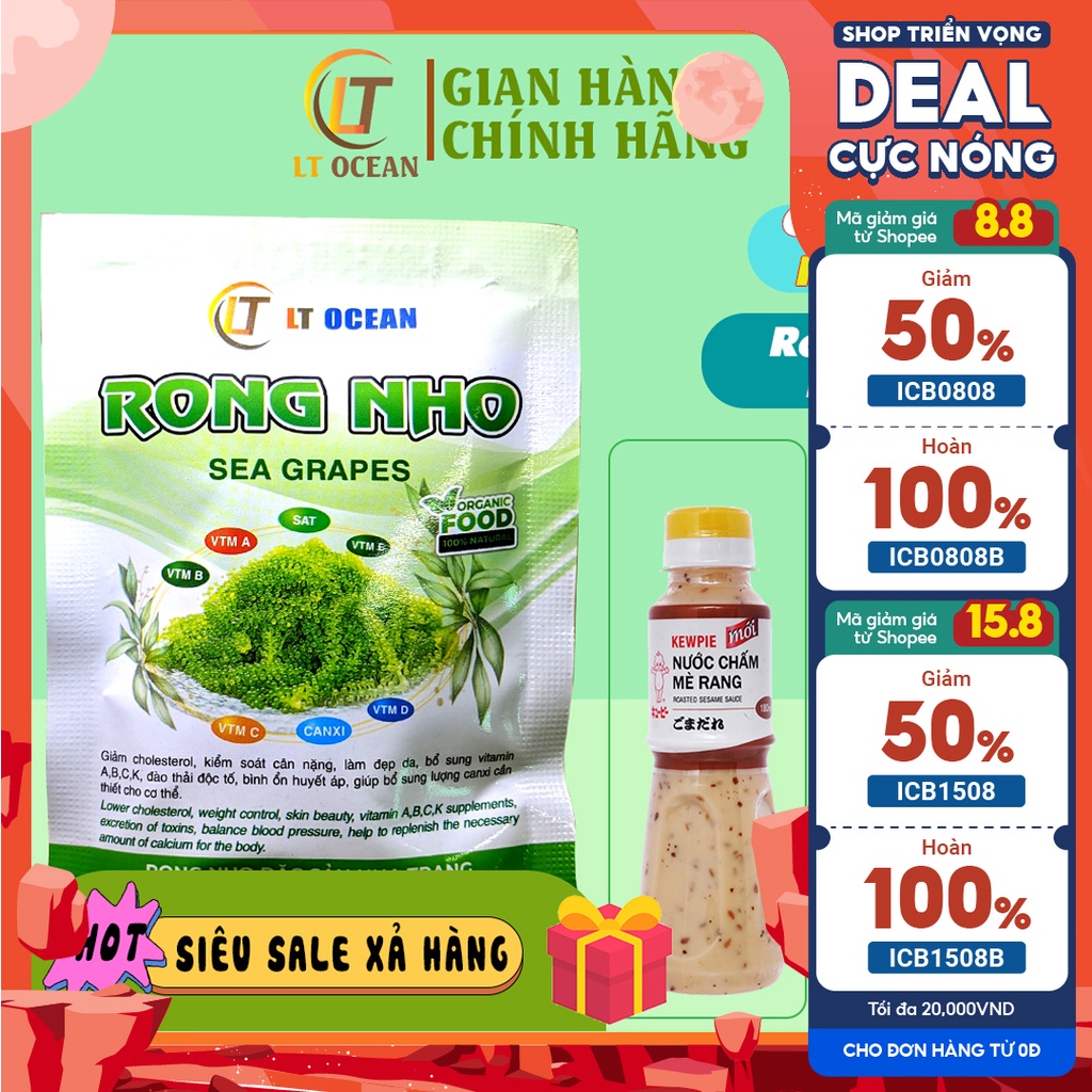 Rong nho tách nước LT OCEAN gói rong nở ra 75gr tươi tặng thêm chai sốt mè rang kewpie180ml hàng loại 1