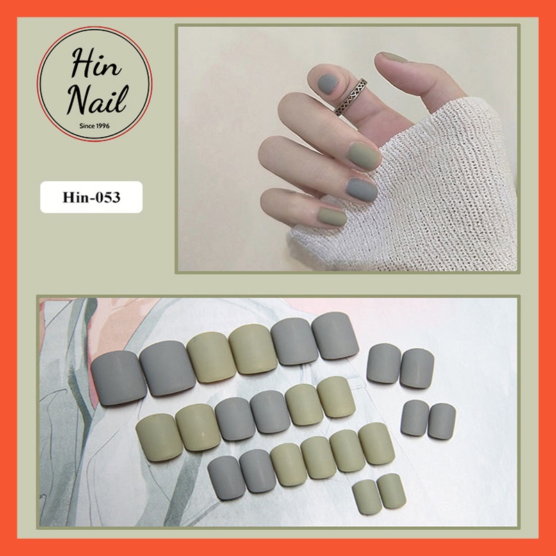 móng tay giả kèm keo màu sơn lì xanh rêu Hin Nail móng giả in nail