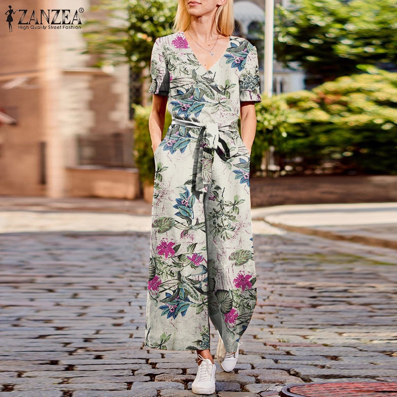 Áo liền quần ZANZEA bằng cotton ngắn tay cổ chữ v có túi thời trang cho nữ