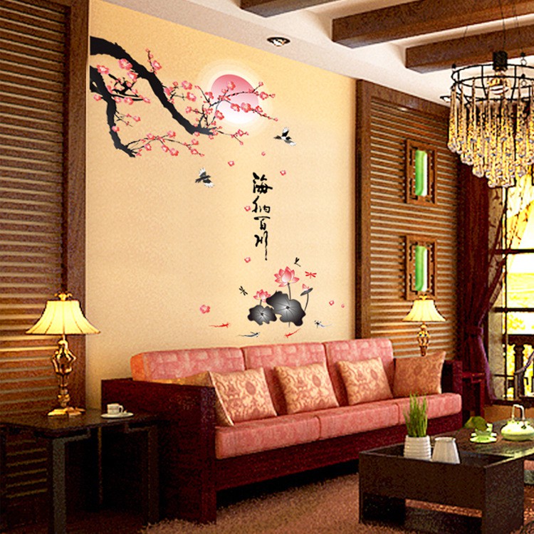 Tranh dán tường hình cành mai và hoa sen, Decal thư pháp hải nạp bách xuyên, Tranh 3D trang trí phòng khách
