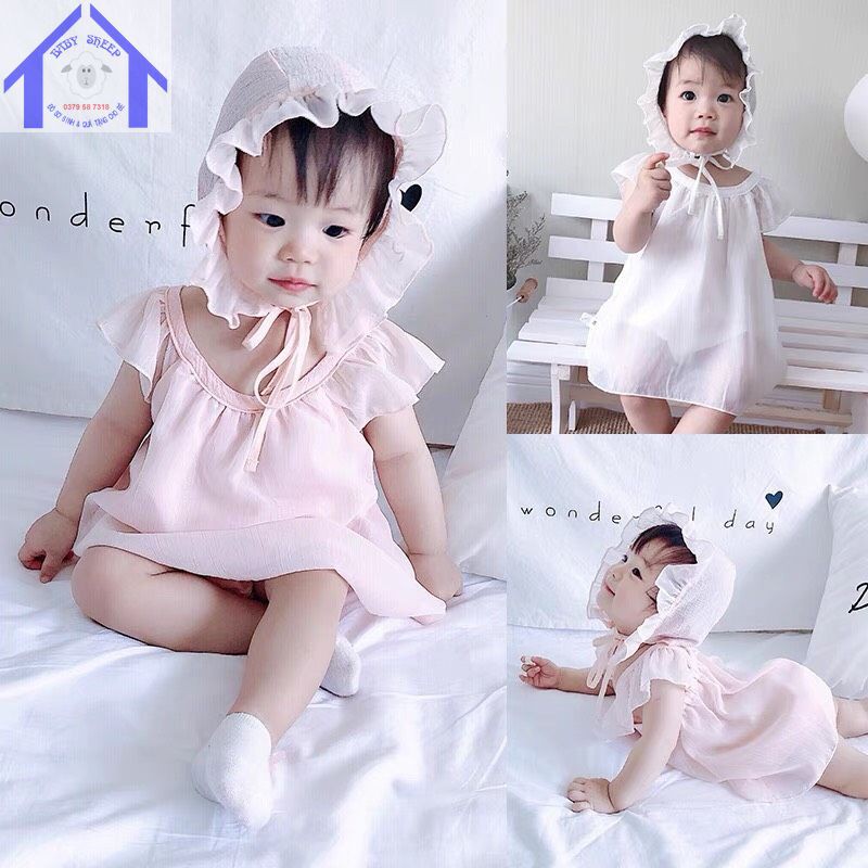 Váy body tiểu thư cộc tay kèm mũ bèo tiểu thư vải đũi mát cho bé gái Baby Sheep