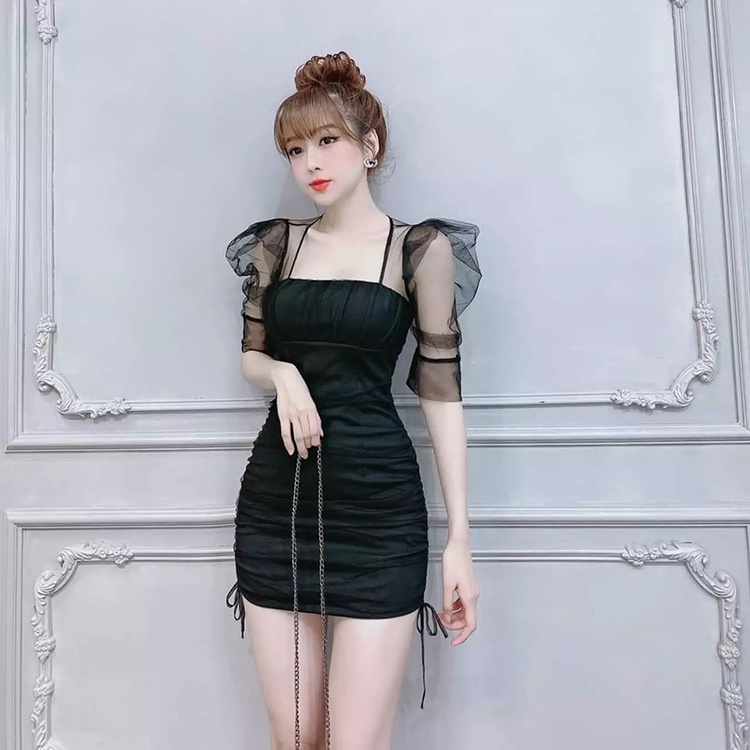 Đầm Ôm Body Phối Tay Lưới Thiết Kế Rút Dây Eo Duyên Dáng