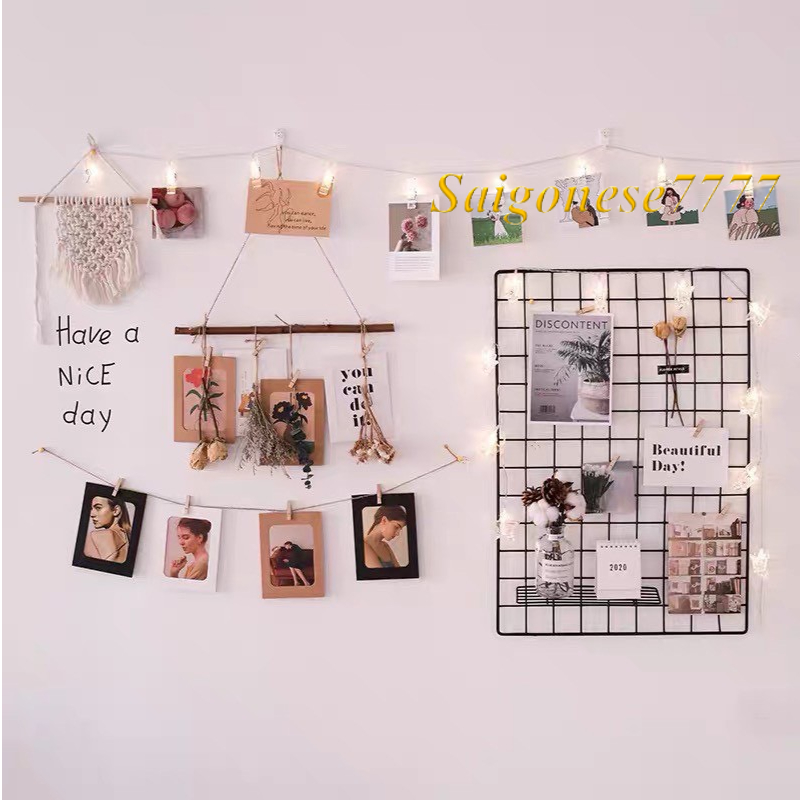 Combo Khung Hình Lưới Sắt+ Đèn Led Xài Điện Đèn Fairy Light Kẹp Hình Nghệ Thuật Trang Trí Decor Nhà