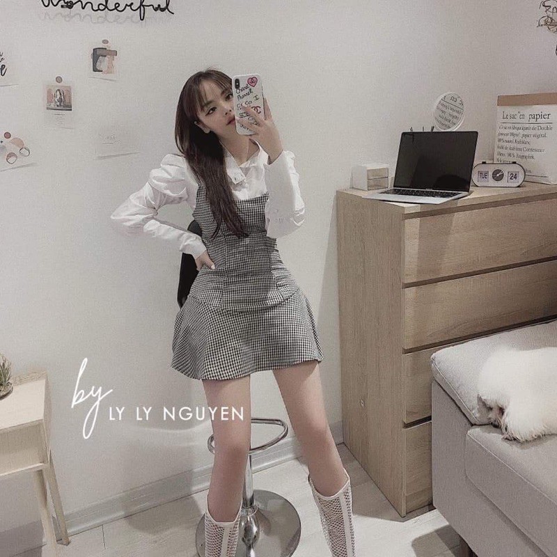 (VIDEO THAT)  Set Áo Sơmi Yếm Caro Hiền Hồ(video hình thật) CO SAN