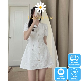 Váy trắng tay bồng dáng xoè dự tiệc, Đầm trắng cổ V tay phồng hở lưng chất xốp AS10