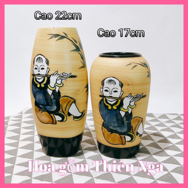 Combo 2 bình gốm men khô Bát Tràng cao 17cm và 22 cm
