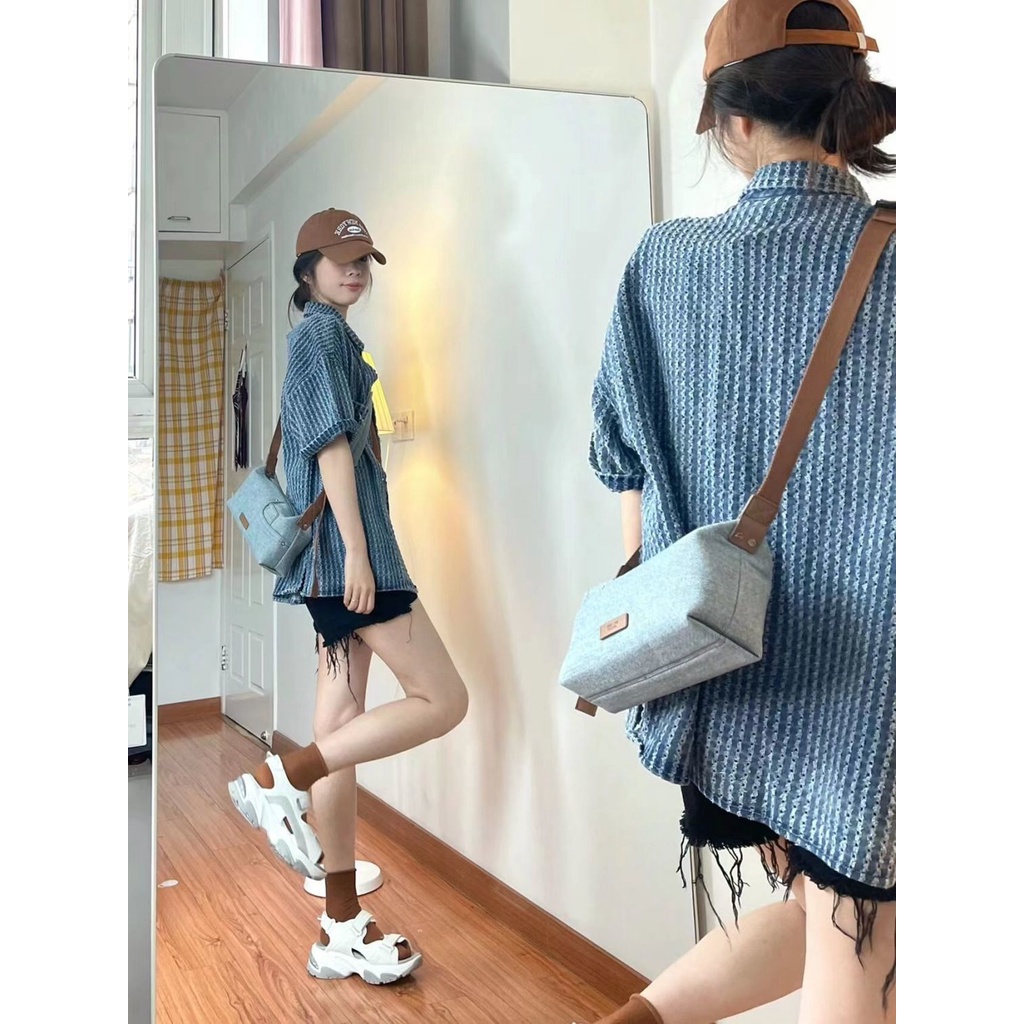 Áo Sơ Mi denim Tay Ngắn Thời Trang Hàn Quốc Mới