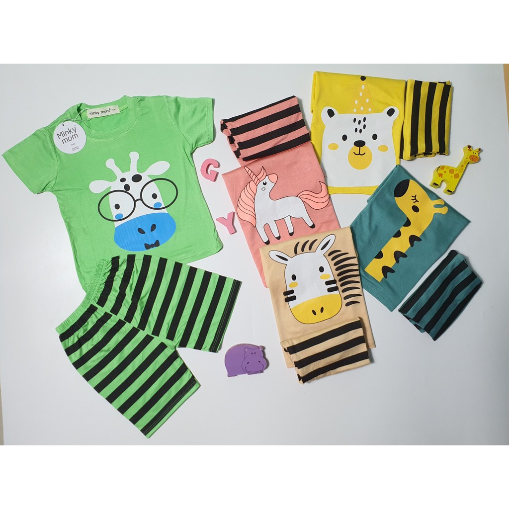 Bộ Cộc tay Minky mom Thun Lạnh in hình Động Vật Dễ Thương quần kẻ Cho Bé