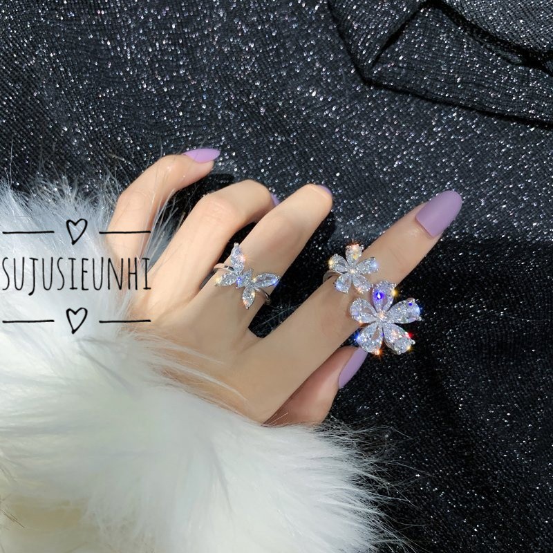 (Kích cỡ mở) Nhẫn hở nữ hình hoa đối xứng đính đá thời trang-loại đẹp