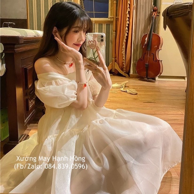 Váy trắng dự tiệc tiểu thư tay phồng cổ vuông, Váy công chúa trắng tay bồng có đệm ngực