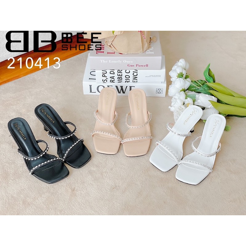 BEESHOES - GUỐC NỮ MŨI VUÔNG QUAI NGANG ĐÁ - GUỐC NỮ MŨI VUÔNG GÓT NHỌN CAO 7 PHÂN SẴN MÀU ĐEN - TRẮNG - KEM 210413