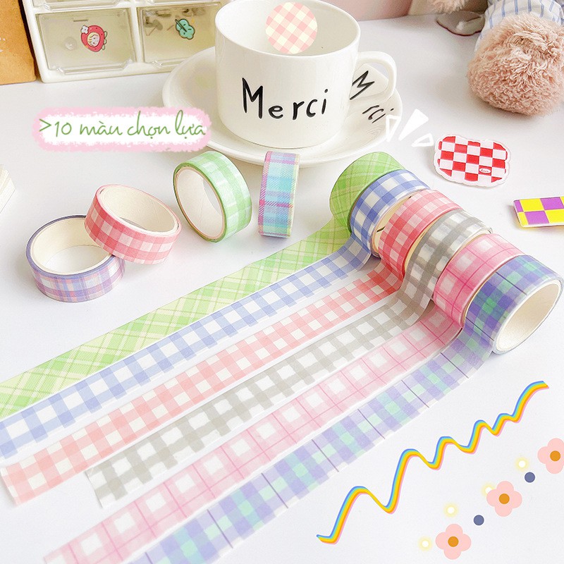 Z0657 Băng Keo Trang Trí Caro Nhiều Màu Washi Grid Tape Bukao