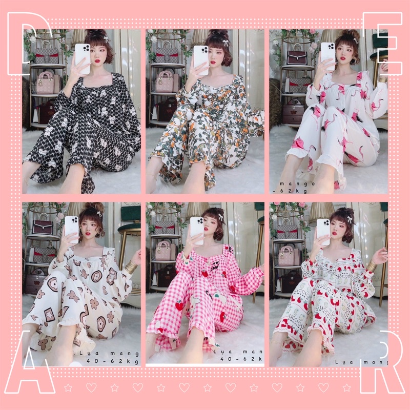 LỤA MANGO MẪU CỔ VUÔNG BABYDOLL HỌA TIẾT TIỂU THƯ CÓ DÂY CỘT PHÍA SAU BỘ PIJAMA FREESIZE SANG ĐẸP MẸ BẦU MẶC ĐƯỢC