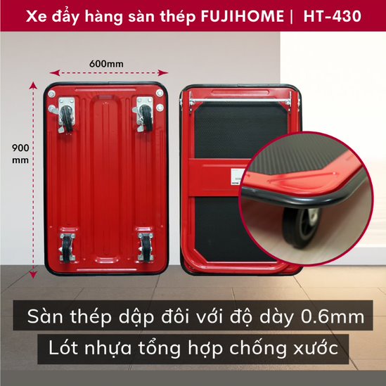 Xe đẩy hàng 4 bánh gấp gọn chở 300kg nhập khẩu FUJIHOME HT-430 bánh cao su không ồn, xe kéo hàng gấp gọn đa năng giá rẻ